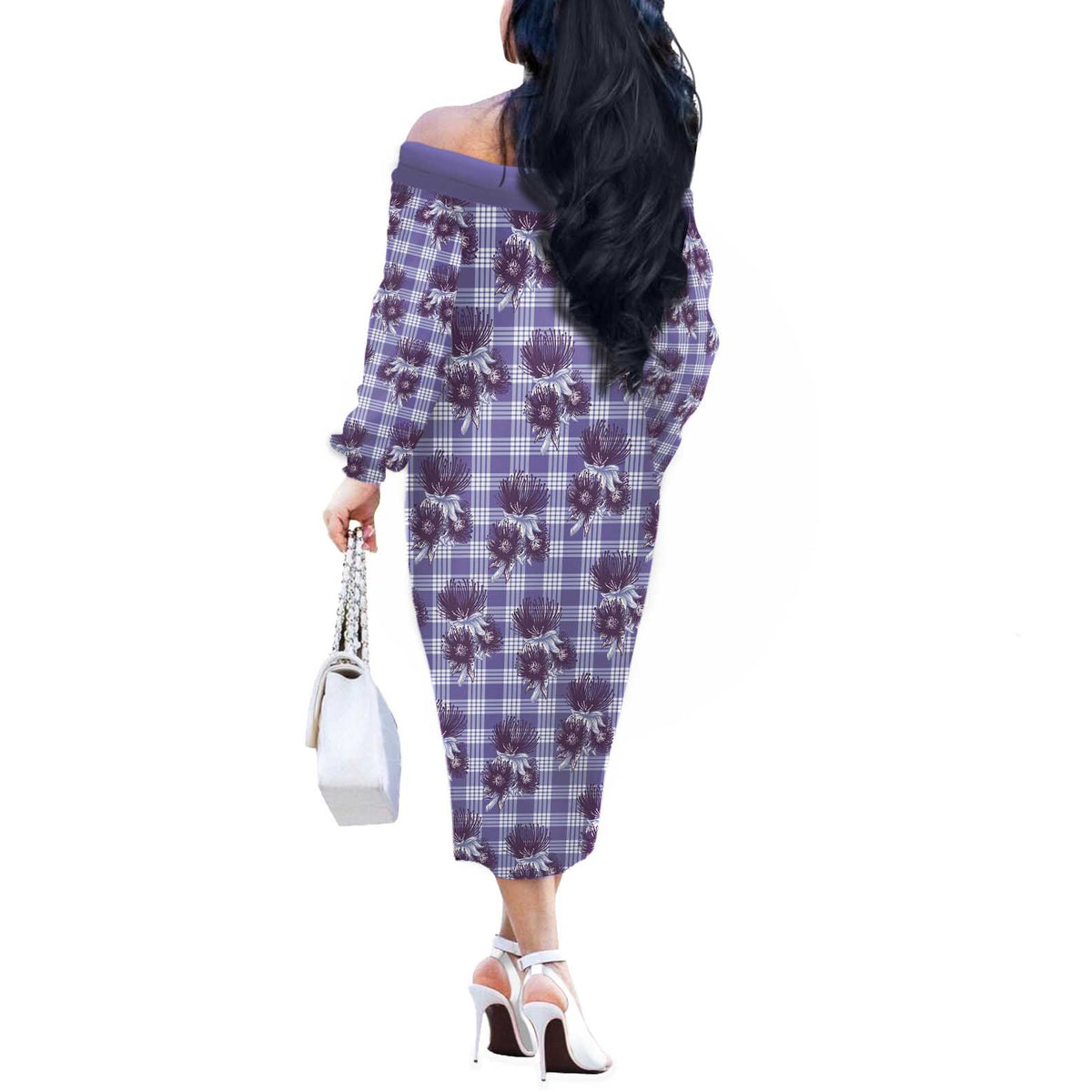 Purple Palaka Hawaii Off The Shoulder Long Sleeve Dress Hawaiian Lehua Blossoms LT05 - Polynesian Pride