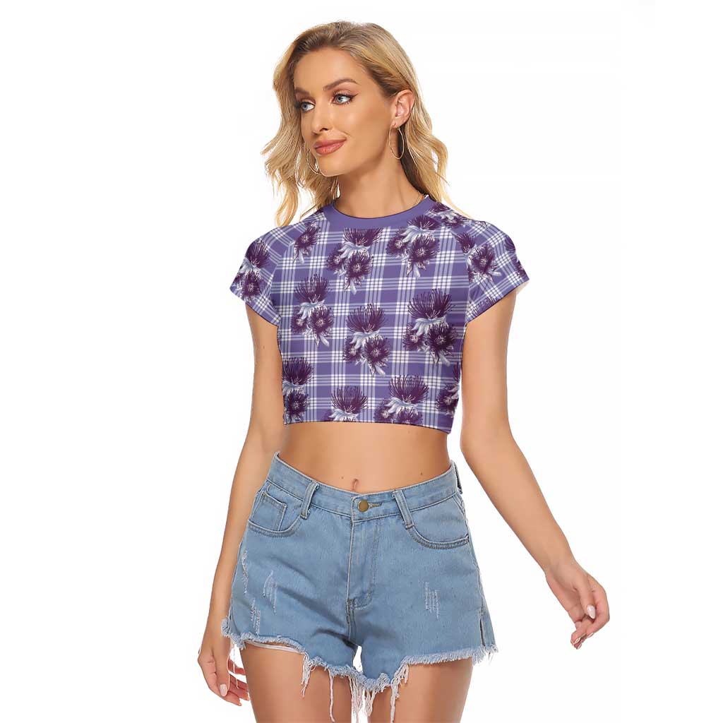 Purple Palaka Hawaii Raglan Cropped T Shirt Hawaiian Lehua Blossoms