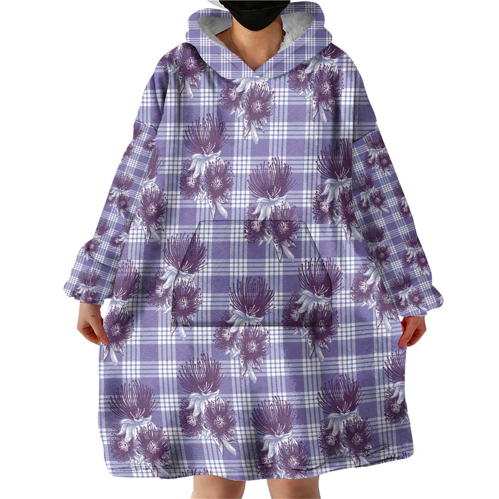 Purple Palaka Hawaii Wearable Blanket Hoodie Hawaiian Lehua Blossoms