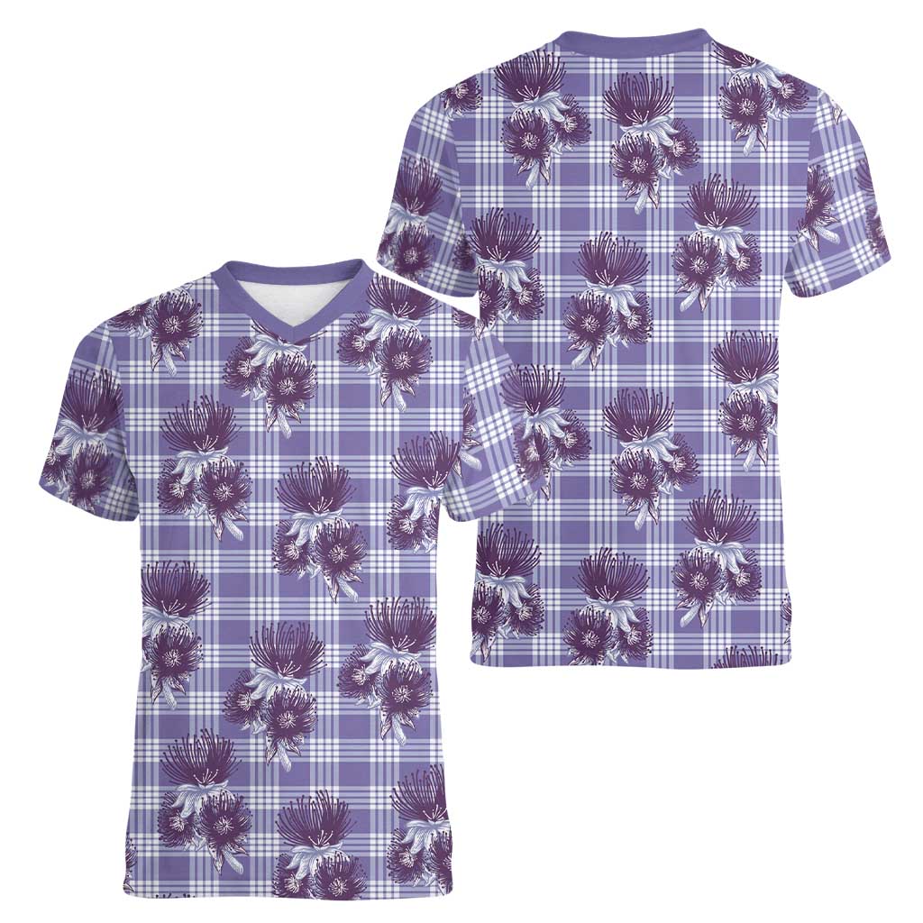 Purple Palaka Hawaii Women V-Neck T-Shirt Hawaiian Lehua Blossoms LT05 - Polynesian Pride