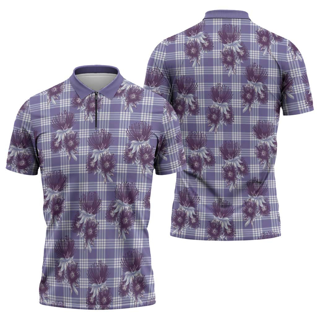 Purple Palaka Hawaii Zipper Polo Shirt Hawaiian Lehua Blossoms