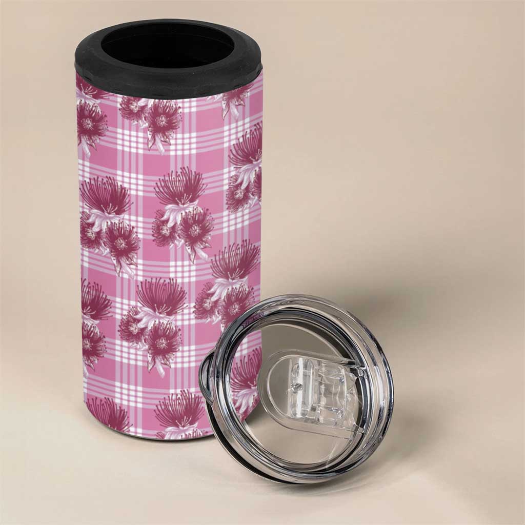 Pink Palaka Hawaii 4 in 1 Can Cooler Tumbler Hawaiian Lehua Blossoms
