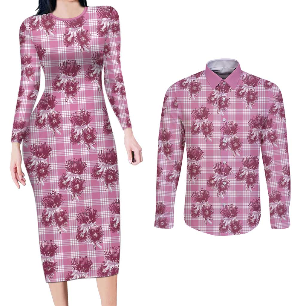 Pink Palaka Hawaii Couples Matching Long Sleeve Bodycon Dress and Long Sleeve Button Shirt Hawaiian Lehua Blossoms LT05 Pink - Polynesian Pride