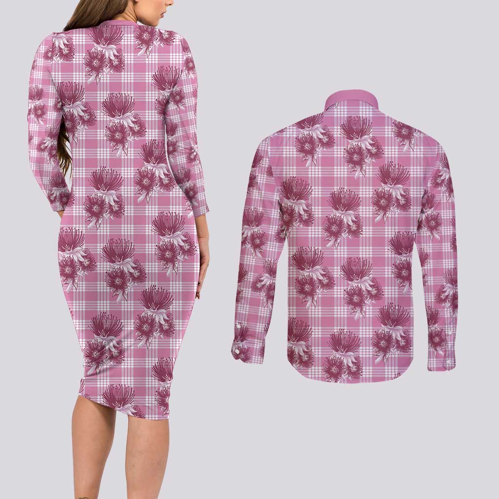 Pink Palaka Hawaii Couples Matching Long Sleeve Bodycon Dress and Long Sleeve Button Shirt Hawaiian Lehua Blossoms LT05 - Polynesian Pride