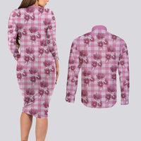 Pink Palaka Hawaii Couples Matching Long Sleeve Bodycon Dress and Long Sleeve Button Shirt Hawaiian Lehua Blossoms LT05 - Polynesian Pride
