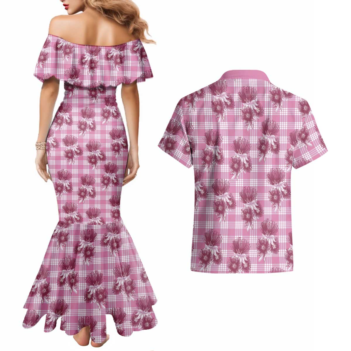 Pink Palaka Hawaii Couples Matching Mermaid Dress and Hawaiian Shirt Hawaiian Lehua Blossoms LT05 - Polynesian Pride