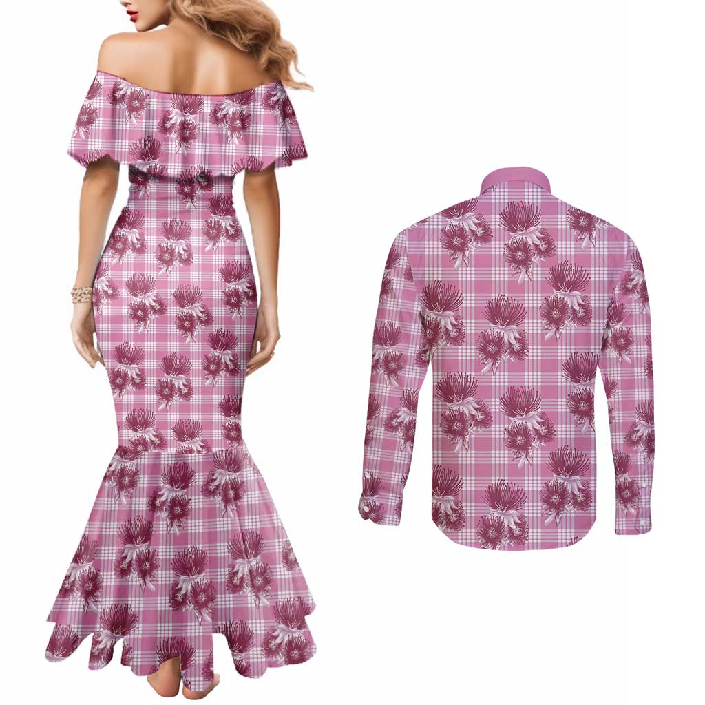 Pink Palaka Hawaii Couples Matching Mermaid Dress and Long Sleeve Button Shirt Hawaiian Lehua Blossoms LT05 - Polynesian Pride