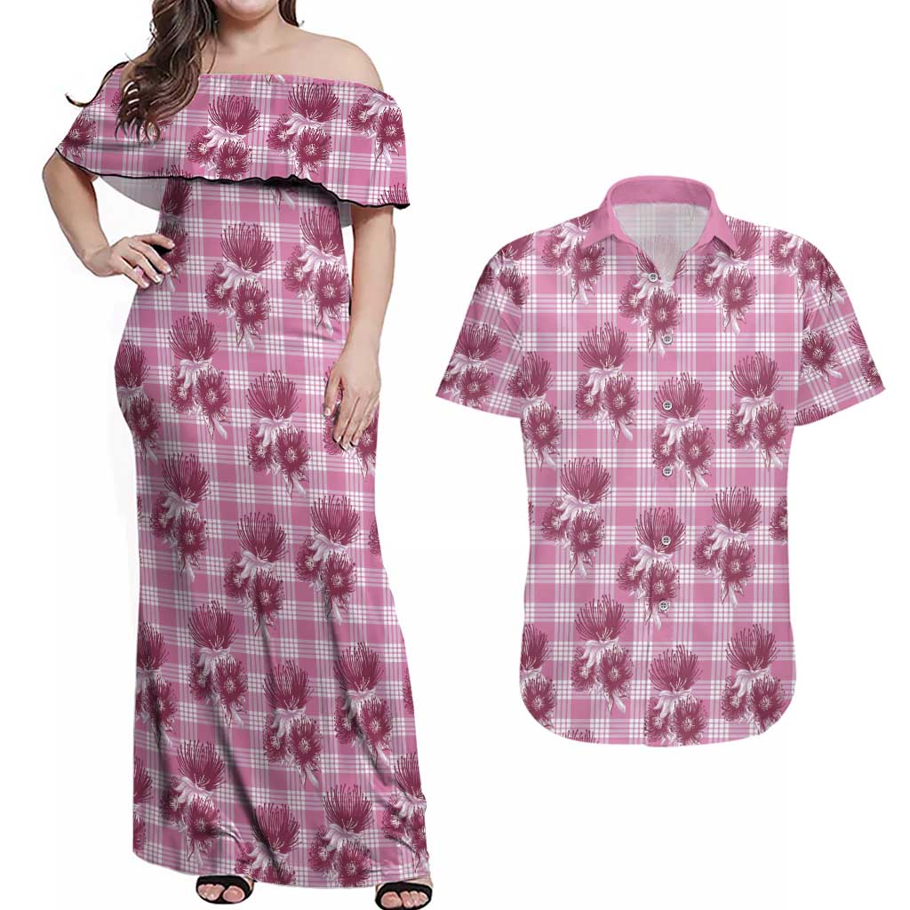 Pink Palaka Hawaii Couples Matching Off Shoulder Maxi Dress and Hawaiian Shirt Hawaiian Lehua Blossoms LT05 Pink - Polynesian Pride