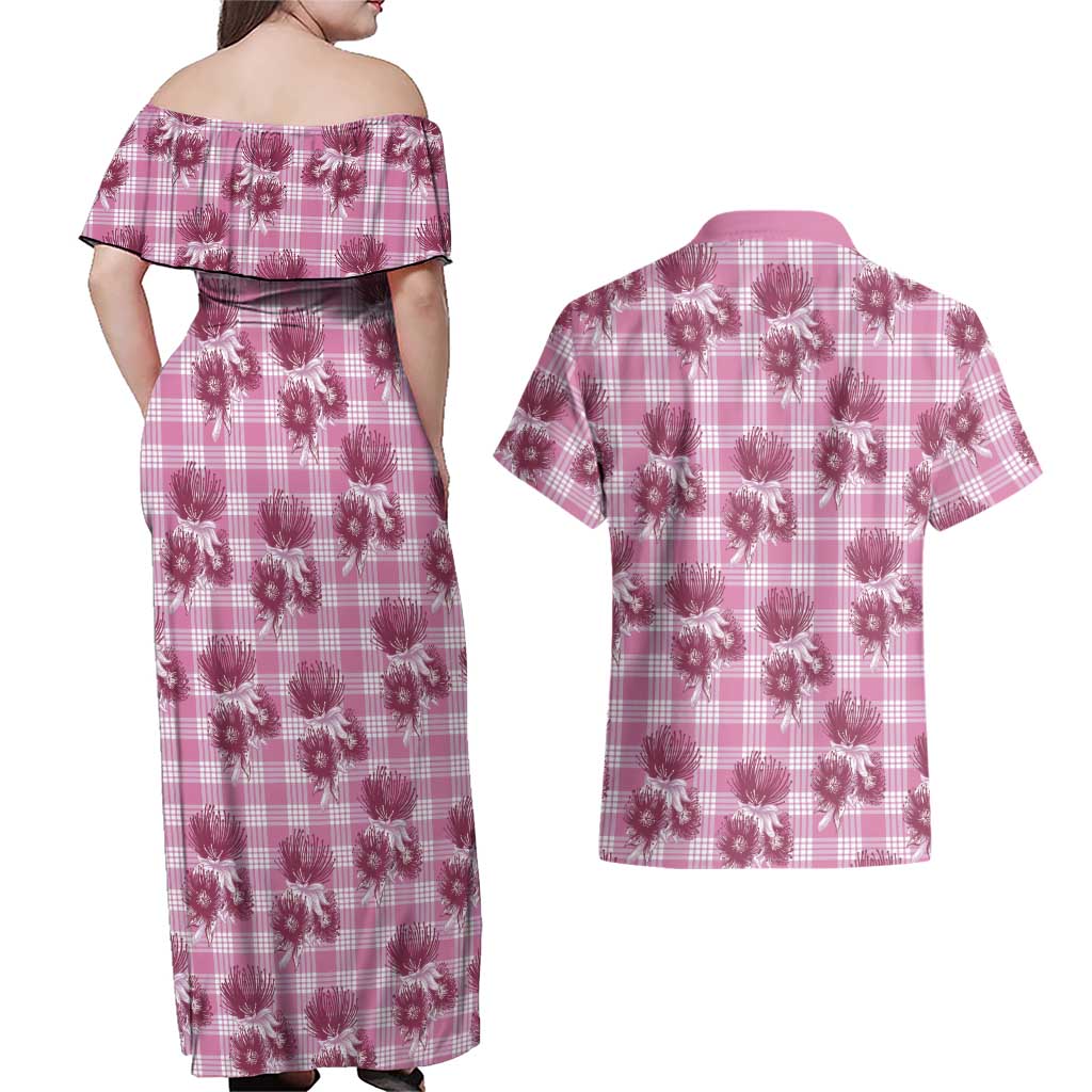 Pink Palaka Hawaii Couples Matching Off Shoulder Maxi Dress and Hawaiian Shirt Hawaiian Lehua Blossoms LT05 - Polynesian Pride