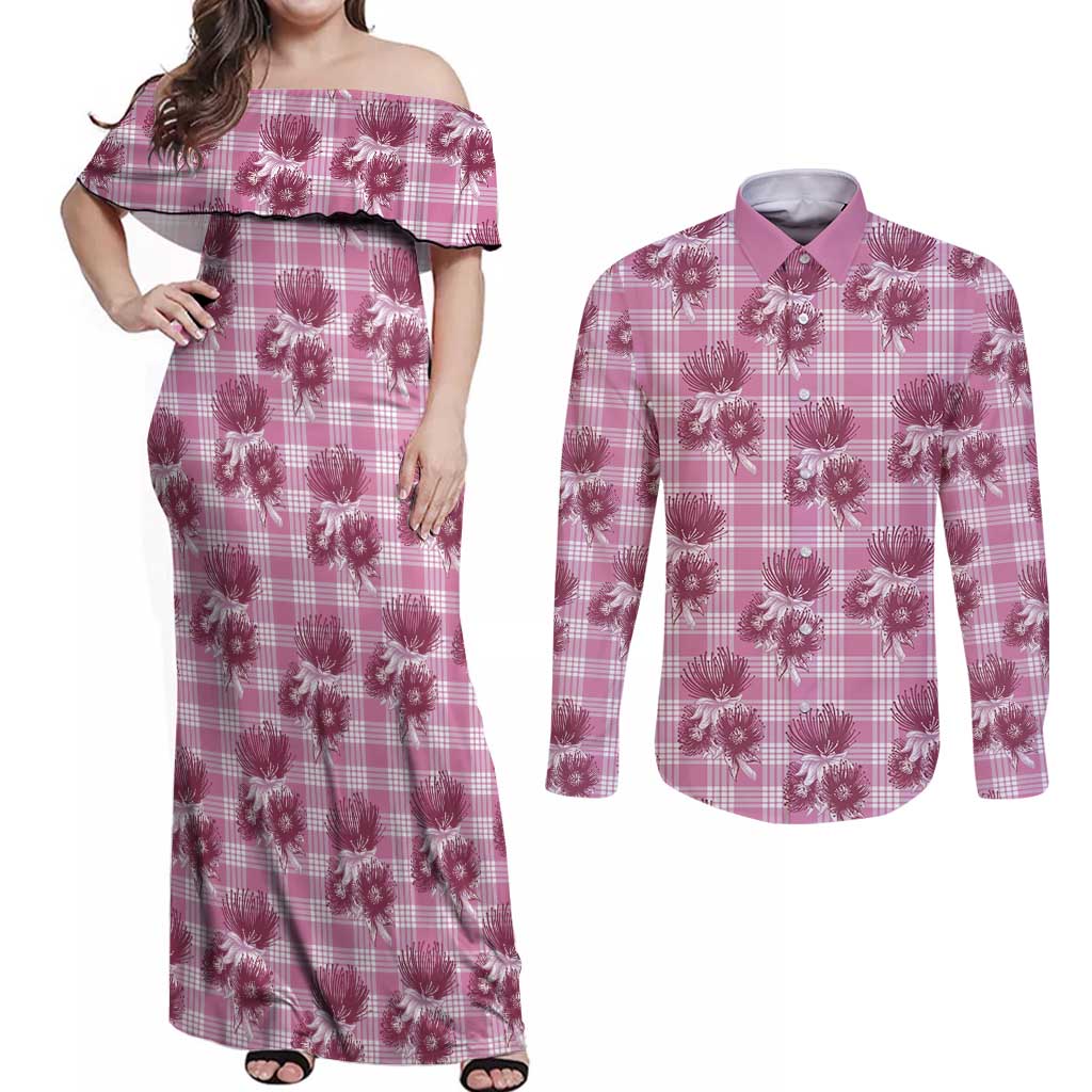 Pink Palaka Hawaii Couples Matching Off Shoulder Maxi Dress and Long Sleeve Button Shirt Hawaiian Lehua Blossoms LT05 Pink - Polynesian Pride