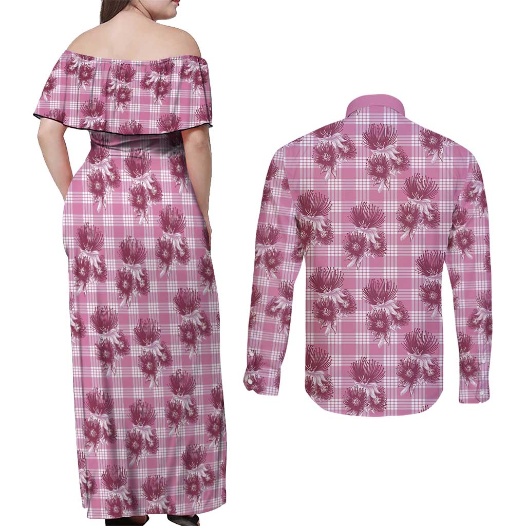 Pink Palaka Hawaii Couples Matching Off Shoulder Maxi Dress and Long Sleeve Button Shirt Hawaiian Lehua Blossoms LT05 - Polynesian Pride