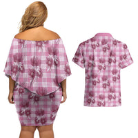 Pink Palaka Hawaii Couples Matching Off Shoulder Short Dress and Hawaiian Shirt Hawaiian Lehua Blossoms LT05 - Polynesian Pride