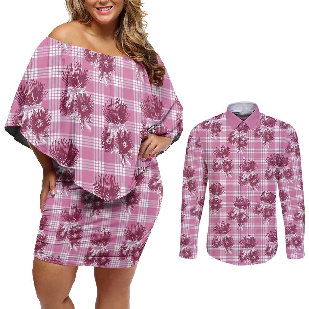 Pink Palaka Hawaii Couples Matching Off Shoulder Short Dress and Long Sleeve Button Shirt Hawaiian Lehua Blossoms LT05 Pink - Polynesian Pride