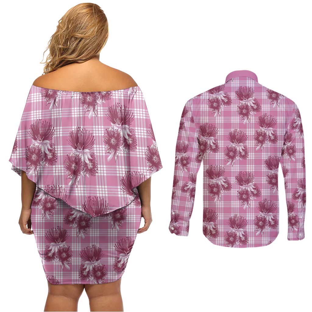 Pink Palaka Hawaii Couples Matching Off Shoulder Short Dress and Long Sleeve Button Shirt Hawaiian Lehua Blossoms LT05 - Polynesian Pride