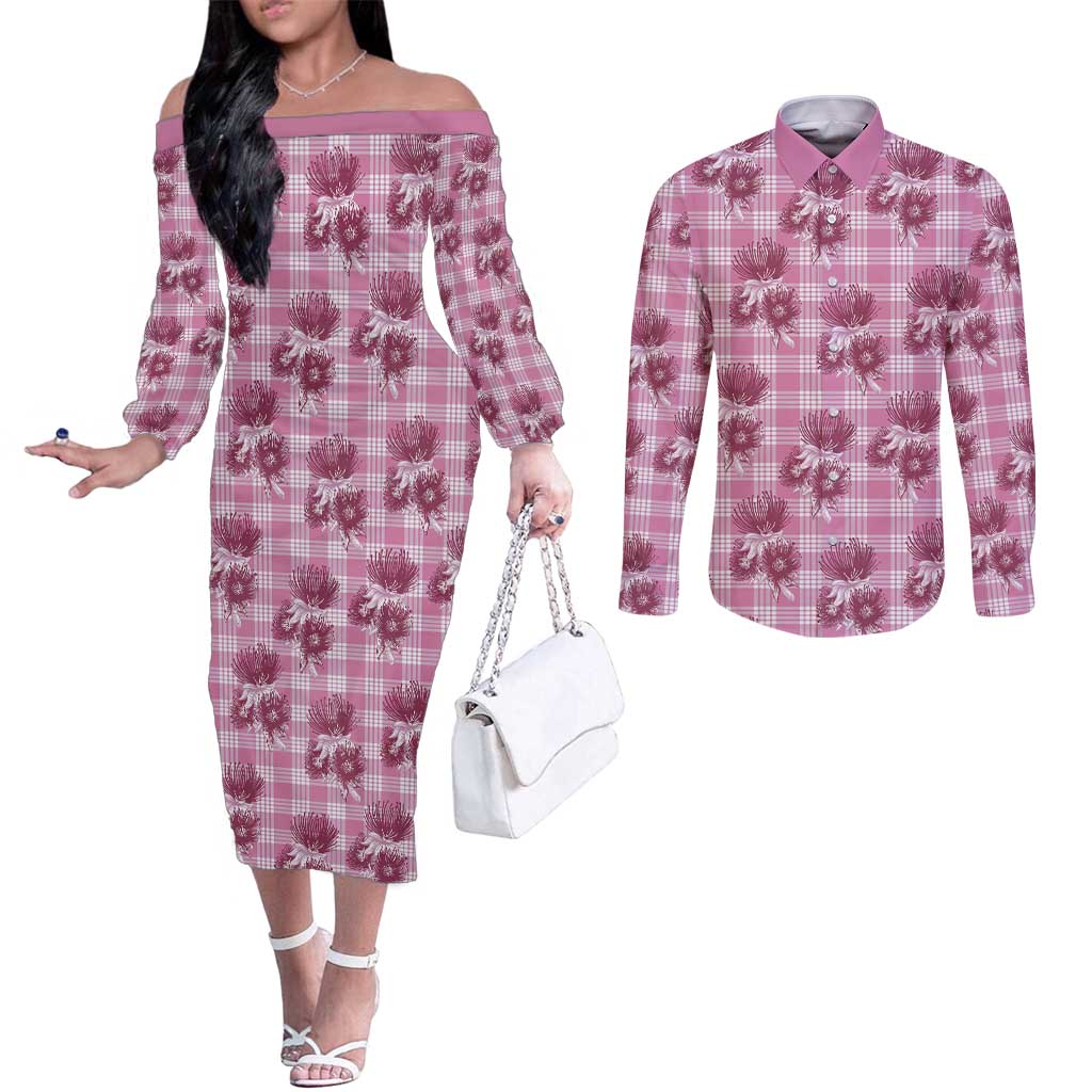 Pink Palaka Hawaii Couples Matching Off The Shoulder Long Sleeve Dress and Long Sleeve Button Shirt Hawaiian Lehua Blossoms LT05 Pink - Polynesian Pride