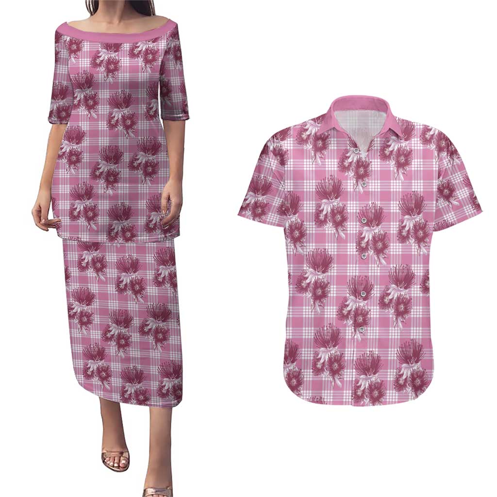 Pink Palaka Hawaii Couples Matching Puletasi and Hawaiian Shirt Hawaiian Lehua Blossoms LT05 Pink - Polynesian Pride