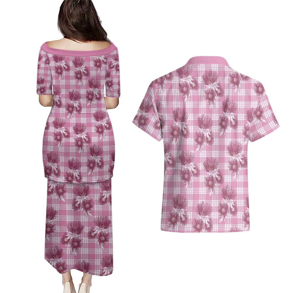 Pink Palaka Hawaii Couples Matching Puletasi and Hawaiian Shirt Hawaiian Lehua Blossoms LT05 - Polynesian Pride