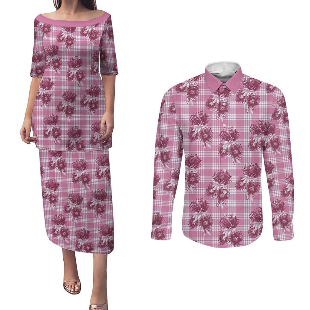 Pink Palaka Hawaii Couples Matching Puletasi and Long Sleeve Button Shirt Hawaiian Lehua Blossoms LT05 Pink - Polynesian Pride