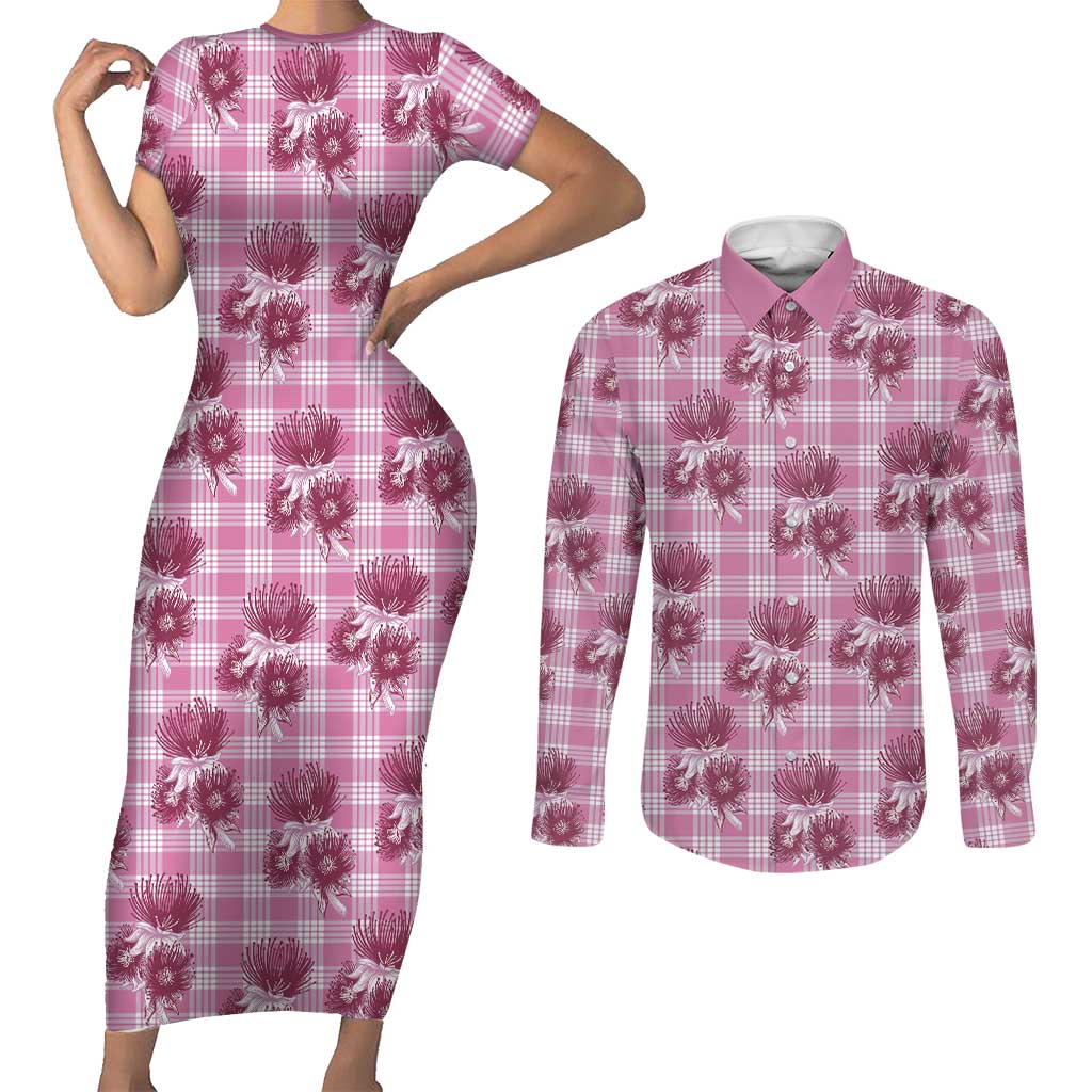 Pink Palaka Hawaii Couples Matching Short Sleeve Bodycon Dress and Long Sleeve Button Shirt Hawaiian Lehua Blossoms LT05 Pink - Polynesian Pride