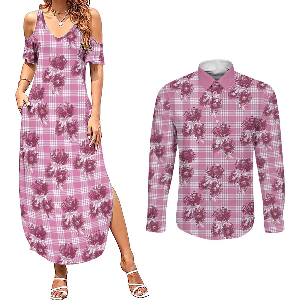 Pink Palaka Hawaii Couples Matching Summer Maxi Dress and Long Sleeve Button Shirt Hawaiian Lehua Blossoms LT05 Pink - Polynesian Pride