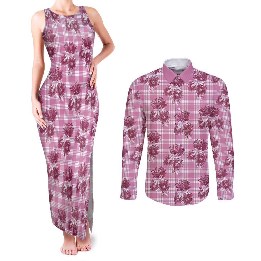 Pink Palaka Hawaii Couples Matching Tank Maxi Dress and Long Sleeve Button Shirt Hawaiian Lehua Blossoms LT05 Pink - Polynesian Pride