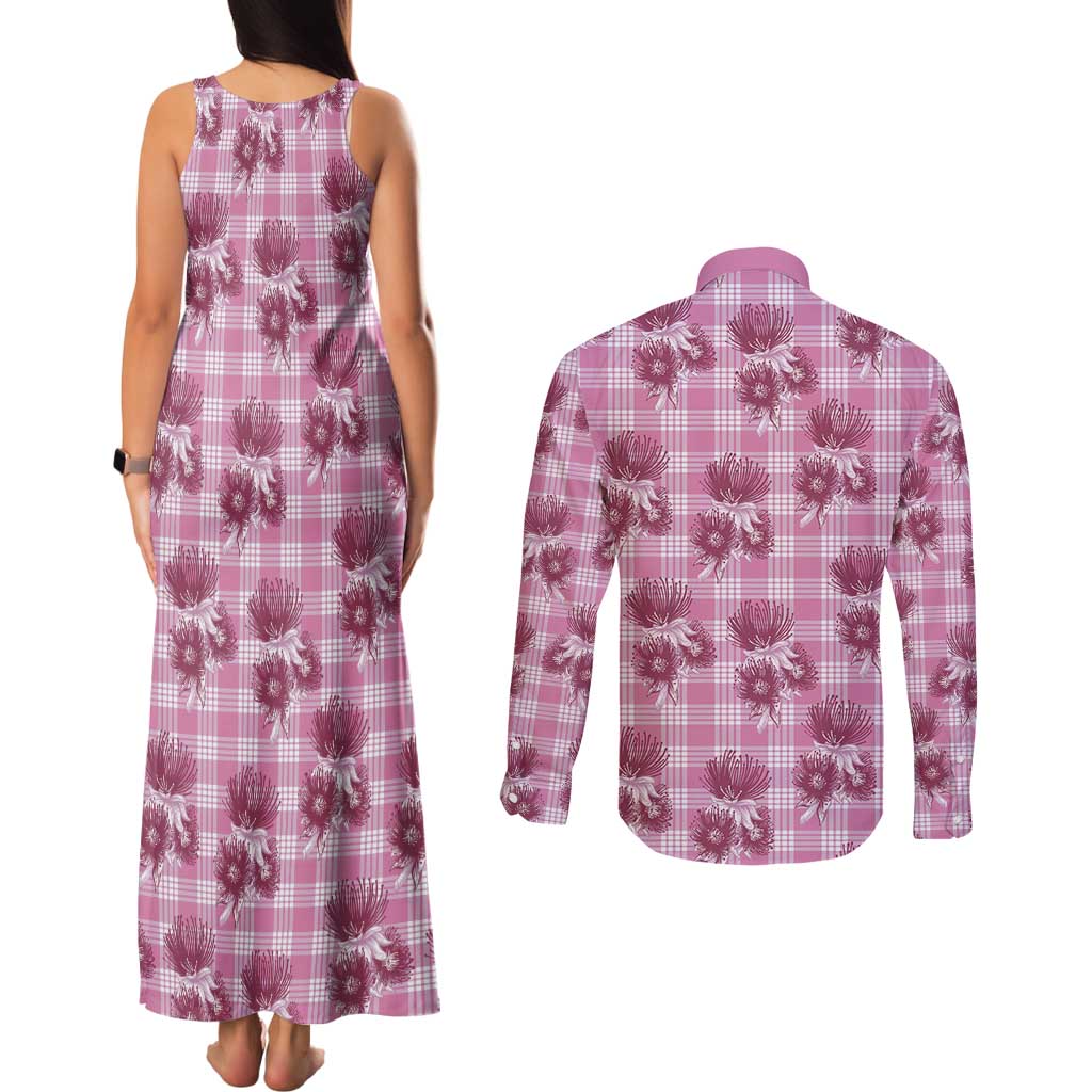 Pink Palaka Hawaii Couples Matching Tank Maxi Dress and Long Sleeve Button Shirt Hawaiian Lehua Blossoms LT05 - Polynesian Pride