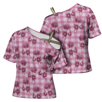 Pink Palaka Hawaii Cross Shoulder Shirt Hawaiian Lehua Blossoms