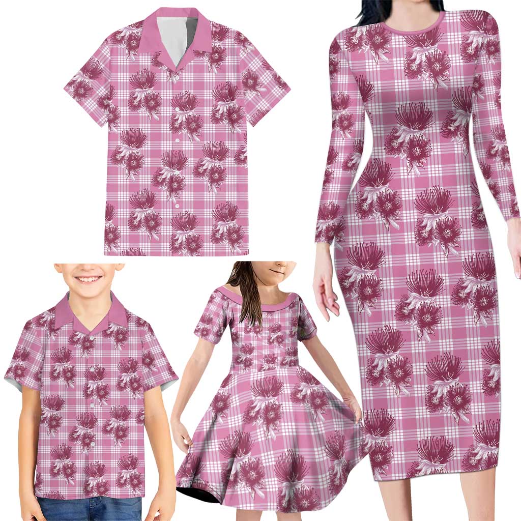 Pink Palaka Hawaii Family Matching Long Sleeve Bodycon Dress and Hawaiian Shirt Hawaiian Lehua Blossoms LT05 - Polynesian Pride