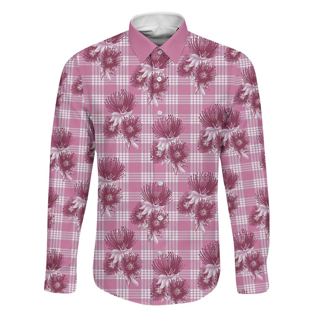 Pink Palaka Hawaii Family Matching Off Shoulder Maxi Dress and Hawaiian Shirt Hawaiian Lehua Blossoms LT05 Dad's Shirt - Long Sleeve Pink - Polynesian Pride