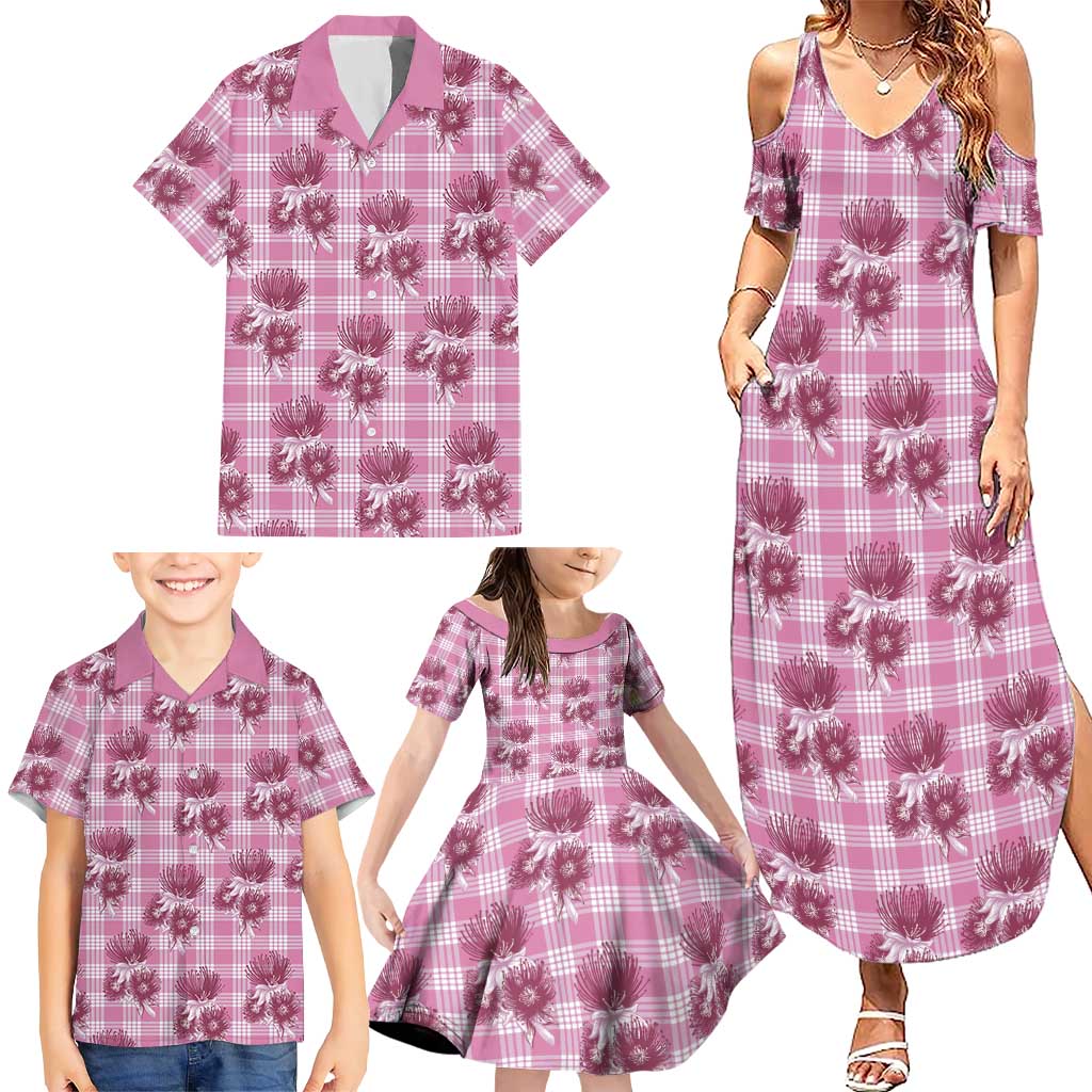 Pink Palaka Hawaii Family Matching Summer Maxi Dress and Hawaiian Shirt Hawaiian Lehua Blossoms