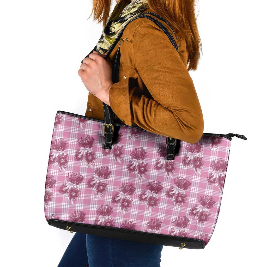 Pink Palaka Hawaii Leather Tote Bag Hawaiian Lehua Blossoms