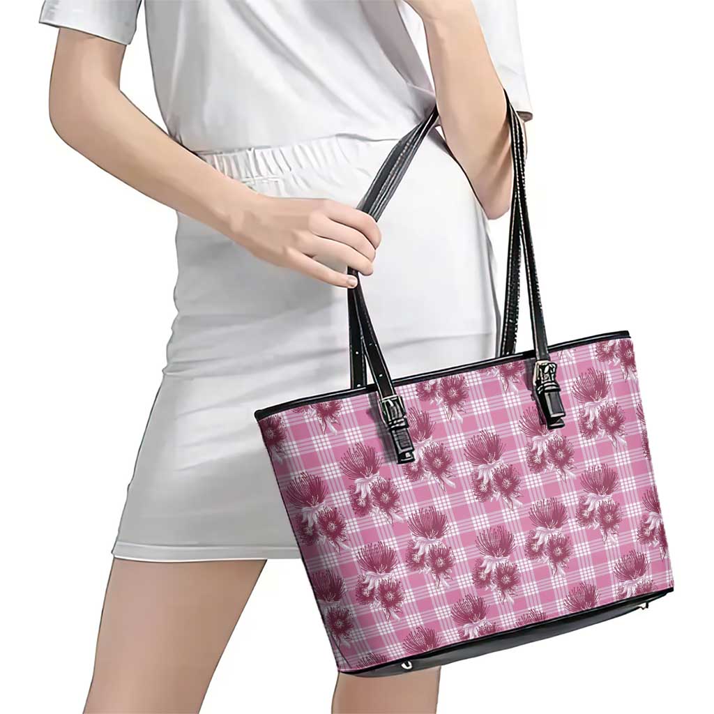 Pink Palaka Hawaii Leather Tote Bag Hawaiian Lehua Blossoms