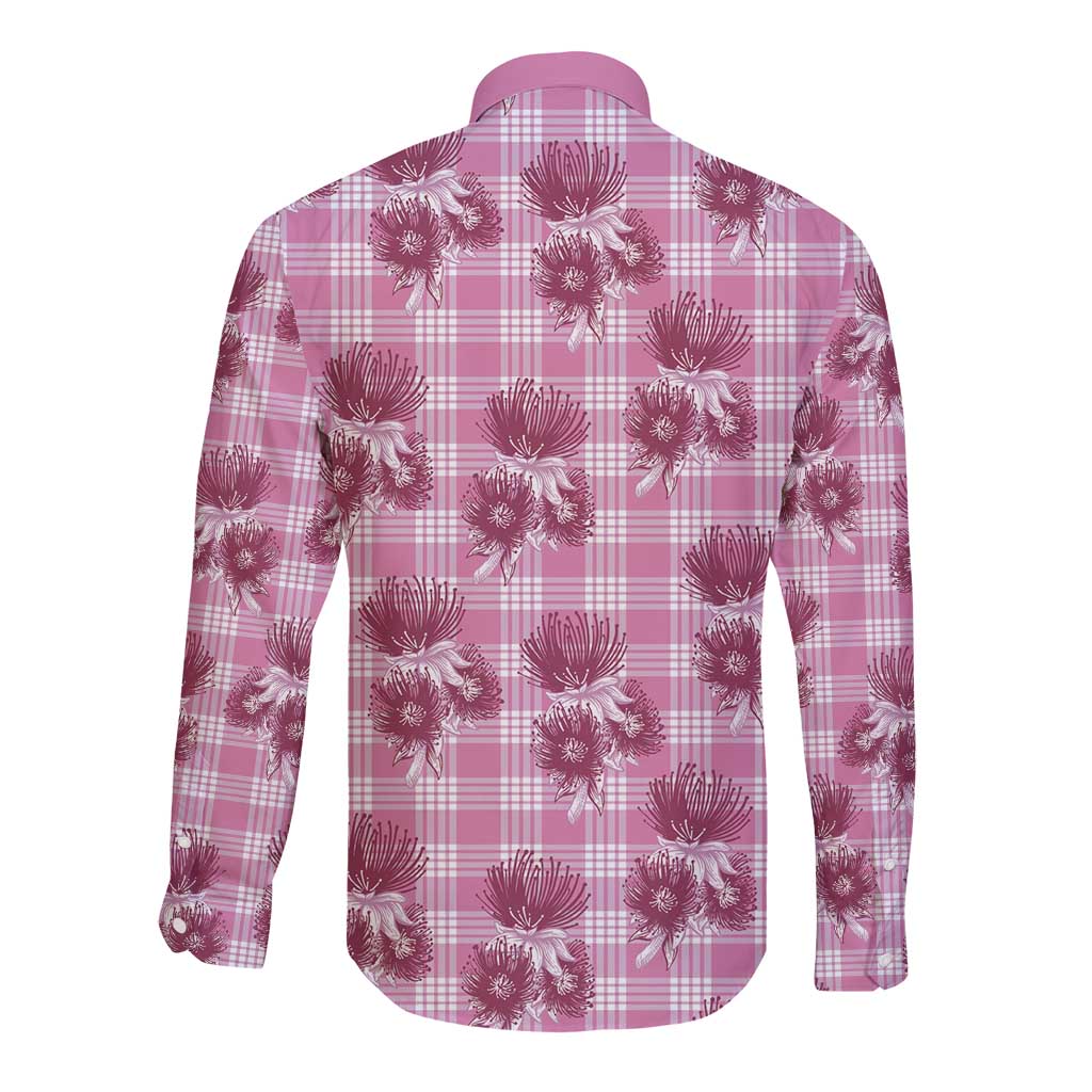 Pink Palaka Hawaii Long Sleeve Button Shirt Hawaiian Lehua Blossoms