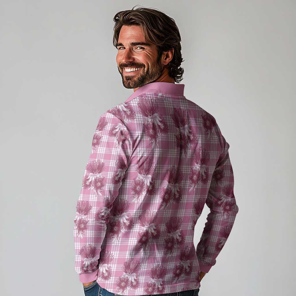 Pink Palaka Hawaii Long Sleeve Polo Shirt Hawaiian Lehua Blossoms