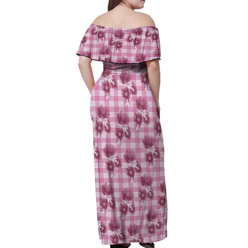 Pink Palaka Hawaii Off Shoulder Maxi Dress Hawaiian Lehua Blossoms