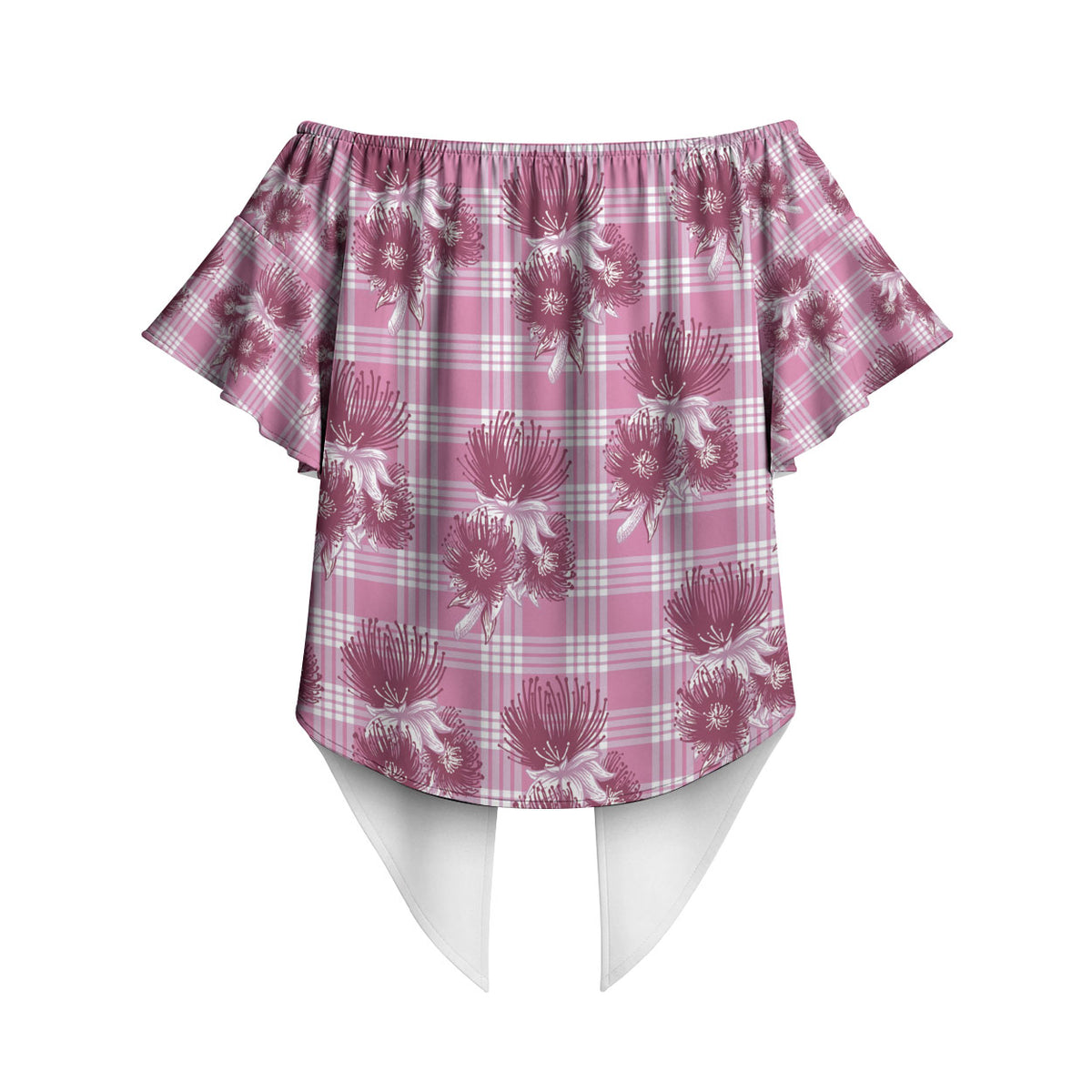 Pink Palaka Hawaii Off Shoulder Wrap Waist Top Hawaiian Lehua Blossoms LT05 - Polynesian Pride