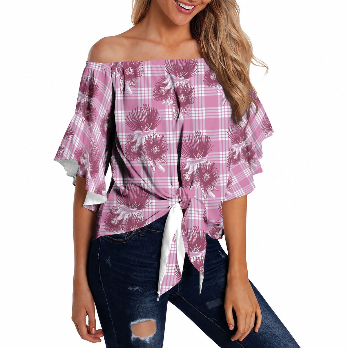 Pink Palaka Hawaii Off Shoulder Wrap Waist Top Hawaiian Lehua Blossoms LT05 - Polynesian Pride