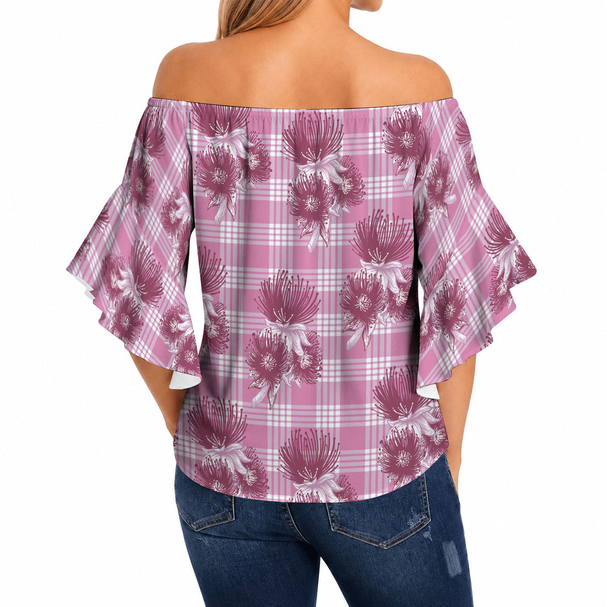Pink Palaka Hawaii Off Shoulder Wrap Waist Top Hawaiian Lehua Blossoms LT05 - Polynesian Pride