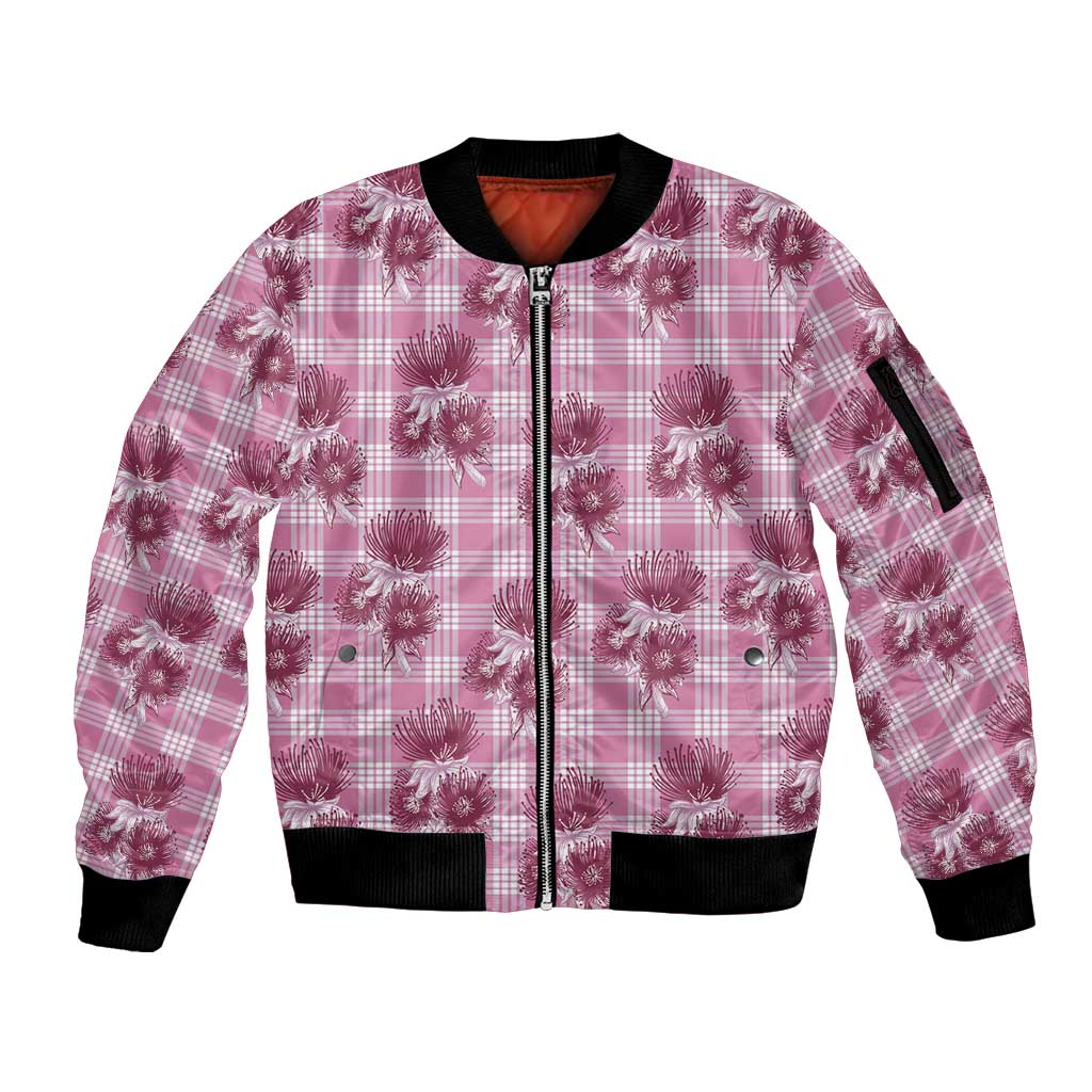 Pink Palaka Hawaii Sleeve Zip Bomber Jacket Hawaiian Lehua Blossoms