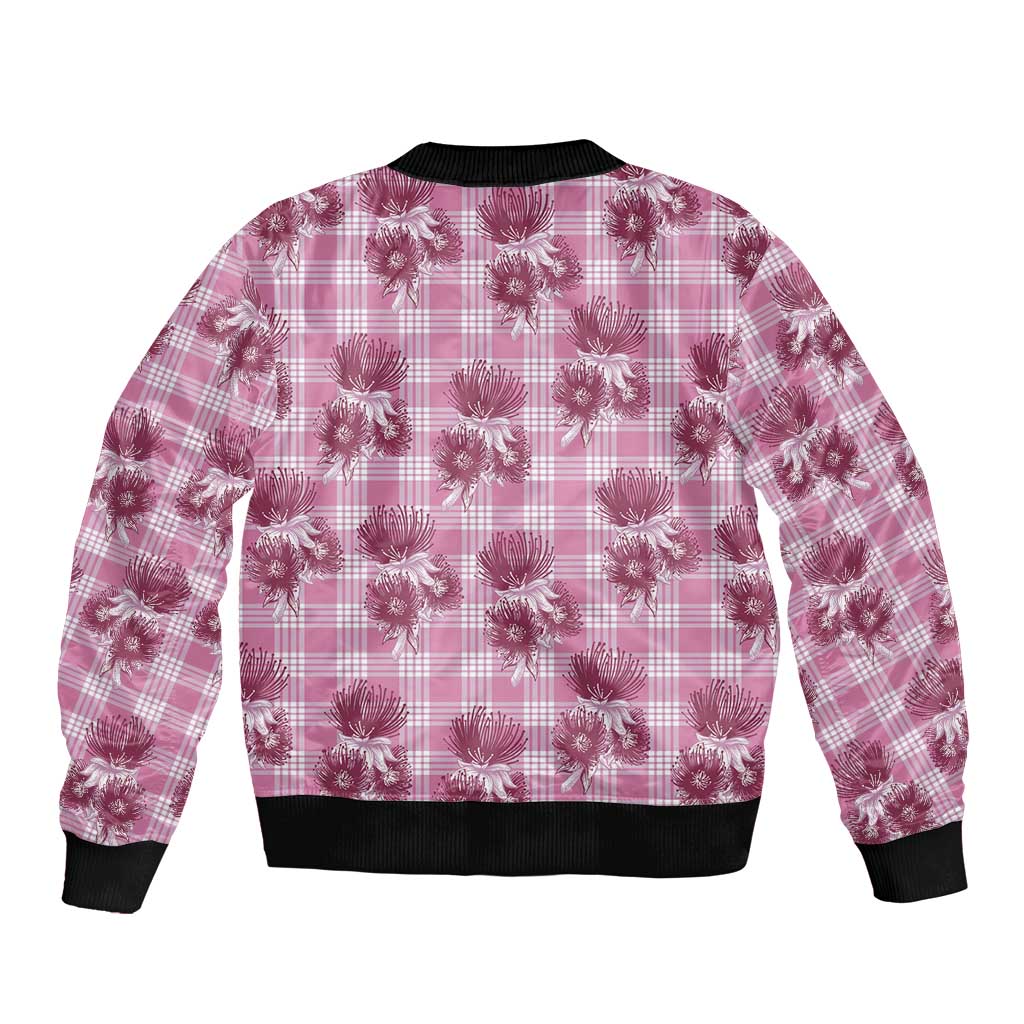 Pink Palaka Hawaii Sleeve Zip Bomber Jacket Hawaiian Lehua Blossoms