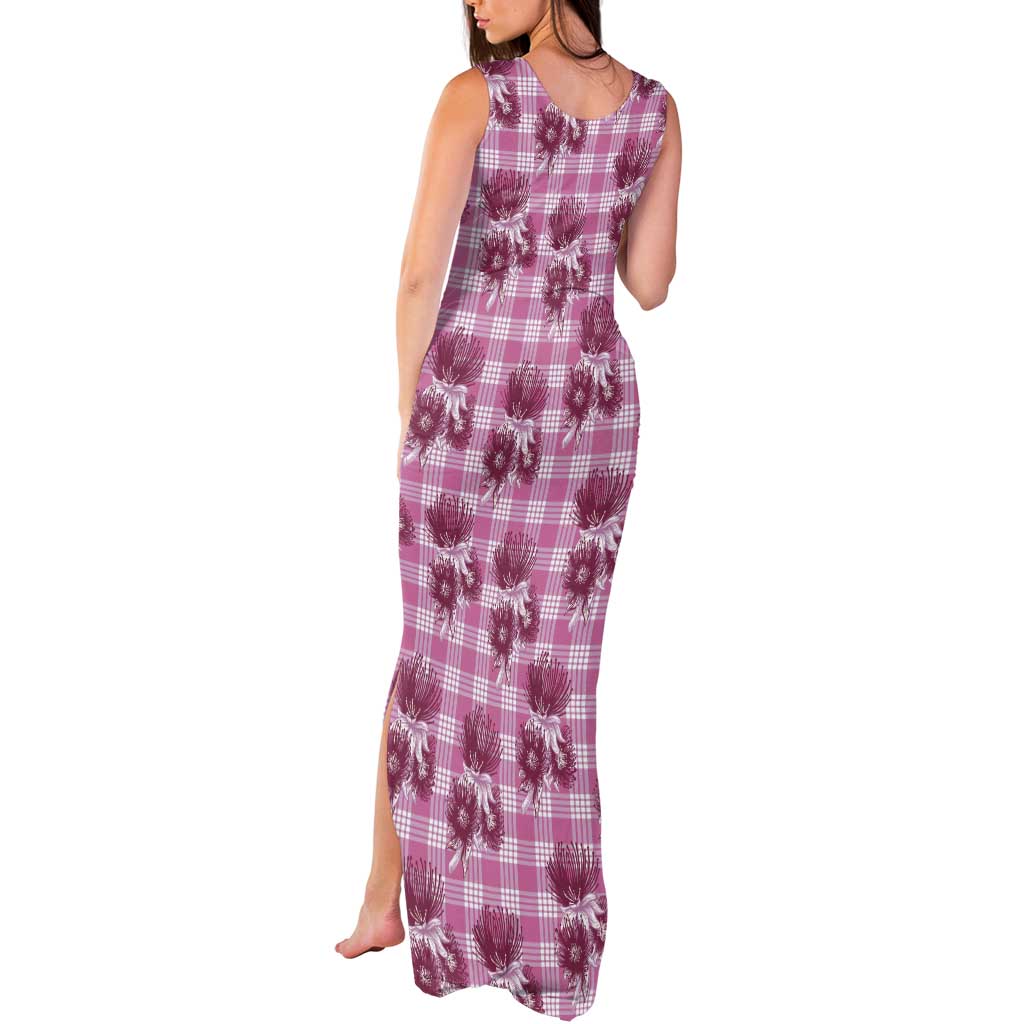 Pink Palaka Hawaii Tank Maxi Dress Hawaiian Lehua Blossoms