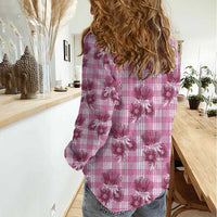 Pink Palaka Hawaii Women Casual Shirt Hawaiian Lehua Blossoms