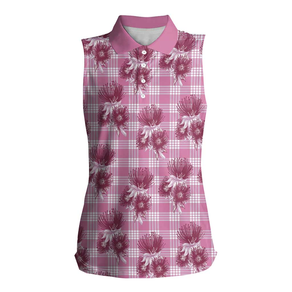 Pink Palaka Hawaii Women Sleeveless Polo Shirt Hawaiian Lehua Blossoms LT05 Female Pink - Polynesian Pride