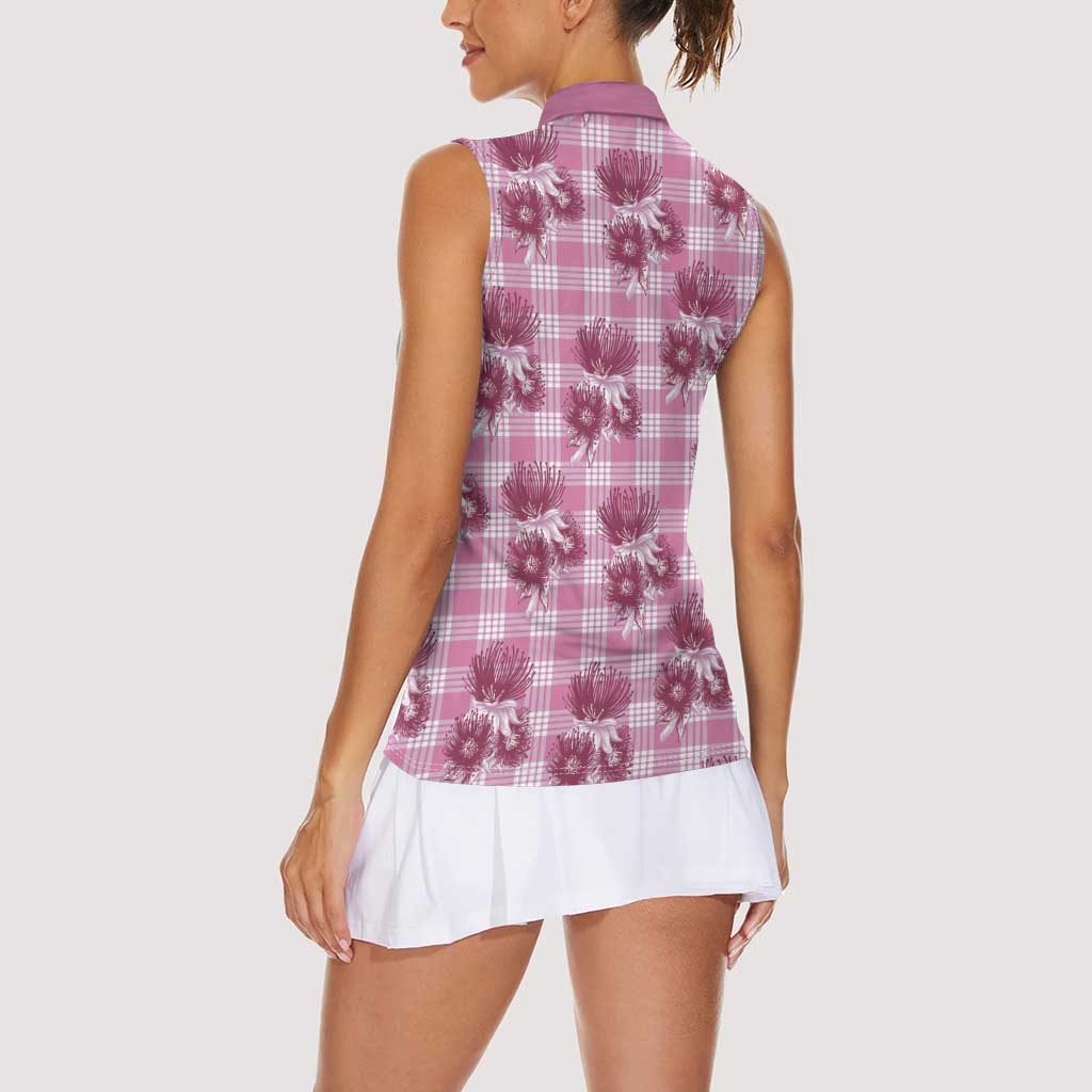 Pink Palaka Hawaii Women Sleeveless Polo Shirt Hawaiian Lehua Blossoms LT05 - Polynesian Pride