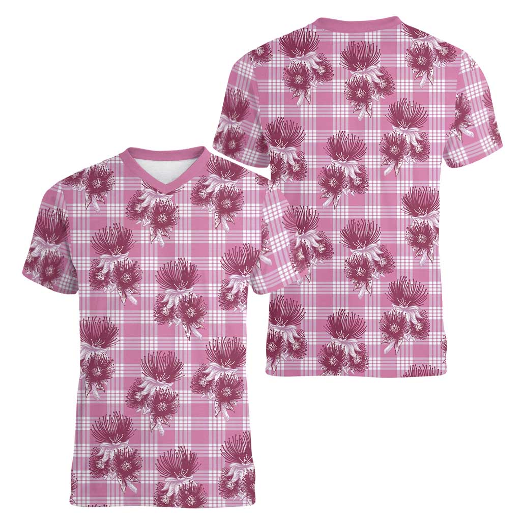 Pink Palaka Hawaii Women V-Neck T-Shirt Hawaiian Lehua Blossoms LT05 - Polynesian Pride