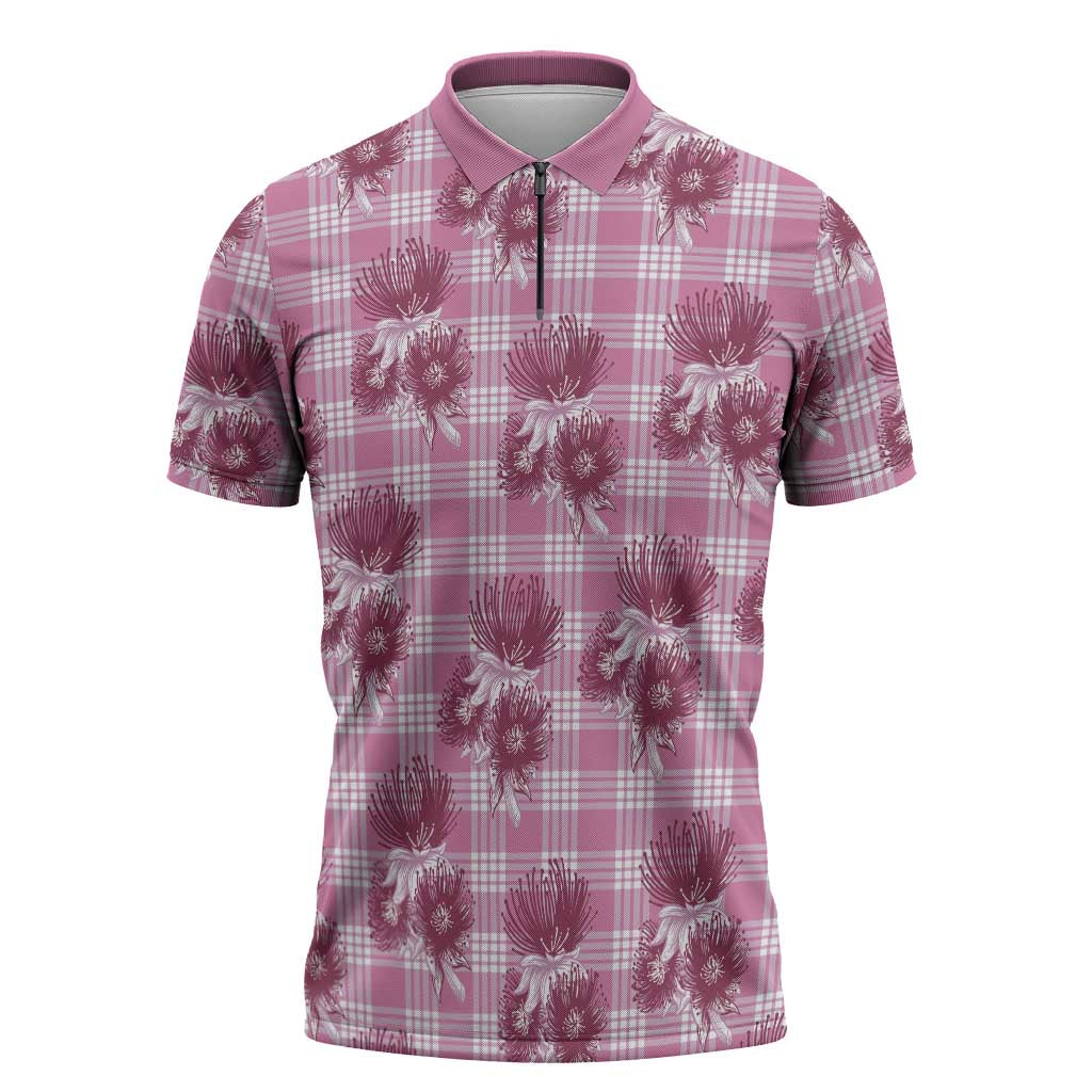 Pink Palaka Hawaii Zipper Polo Shirt Hawaiian Lehua Blossoms LT05 Pink - Polynesian Pride