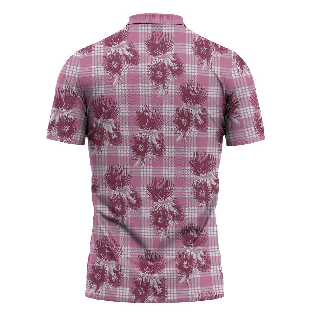 Pink Palaka Hawaii Zipper Polo Shirt Hawaiian Lehua Blossoms LT05 - Polynesian Pride