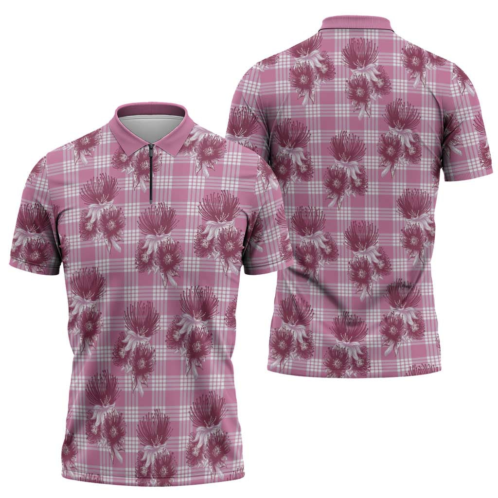 Pink Palaka Hawaii Zipper Polo Shirt Hawaiian Lehua Blossoms LT05 - Polynesian Pride