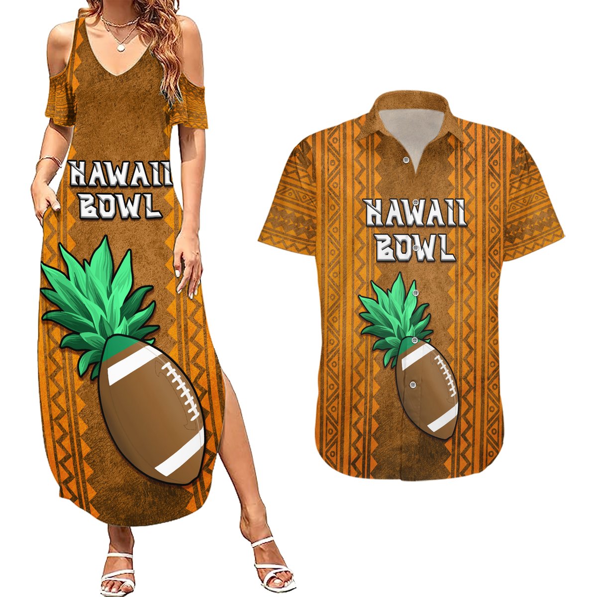 Custom Hawaii Honolulu Football Bowl Couples Matching Summer Maxi Dress and Hawaiian Shirt Simple Style LT05 Brown - Polynesian Pride