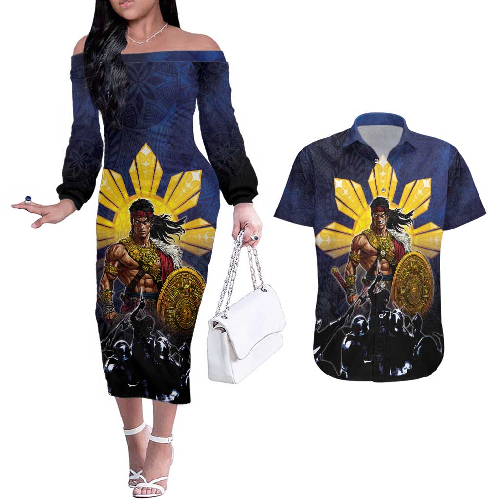 Philippines The First Hero Couples Matching Off The Shoulder Long Sleeve Dress and Hawaiian Shirt Lapu Lapu Know Your Roots LT05 Navy - Polynesian Pride